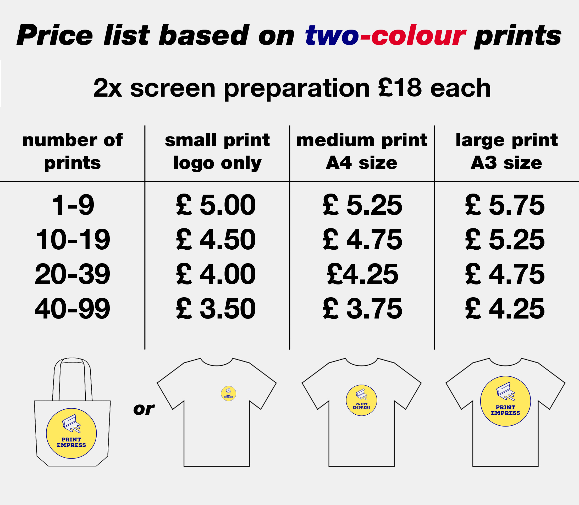 Print Empress Edinburgh screen printing services Price list based on two colour prints