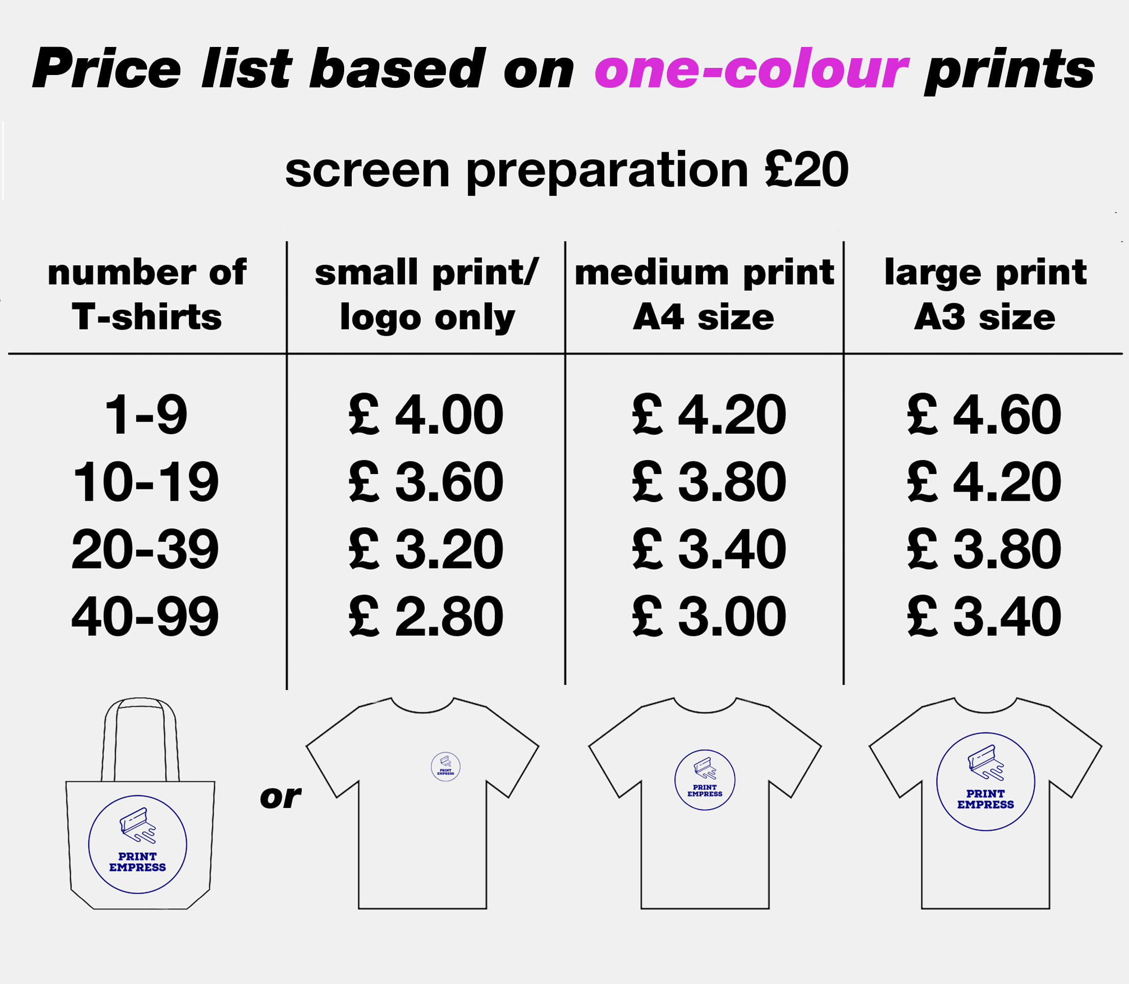 Print Empress Edinburgh Price list based on one colour screen print